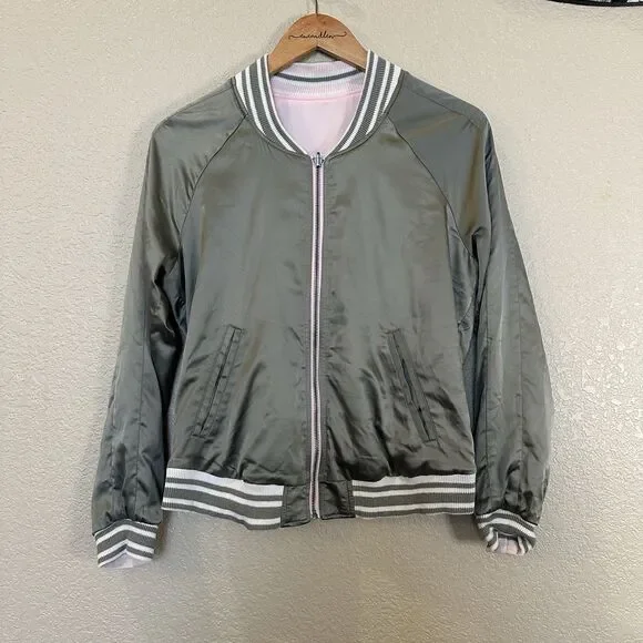 Hollister Bomber Jacket Womens Medium Pink Embroidered Tiger Reversible Zip Up - Picture 13 of 14